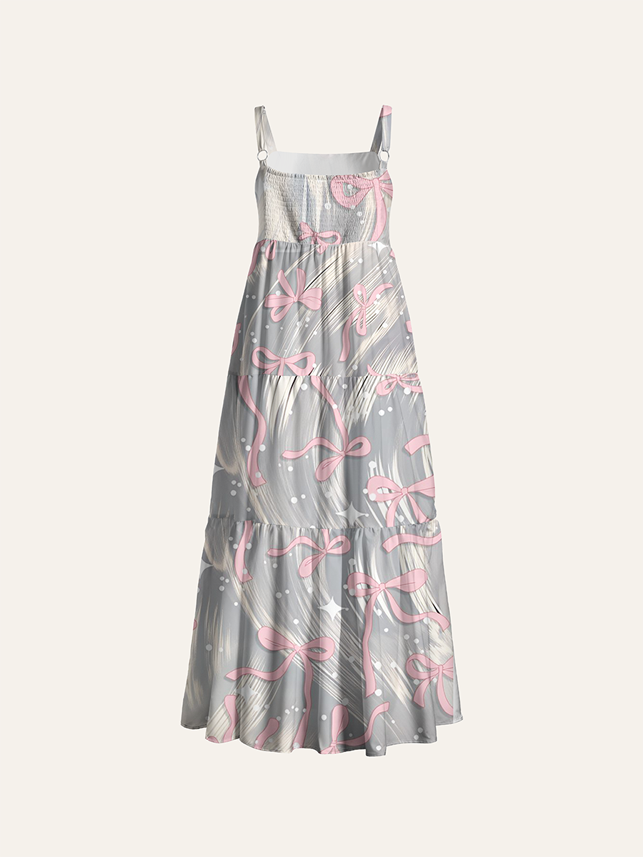 Soft Grey Brushstroke Pink Bow Adjustable Wide Straps Maxi Dress