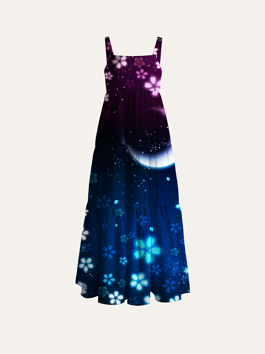 Glowing Neon Cherry Blossom Crescent Moon Adjustable Wide Straps Maxi Dress