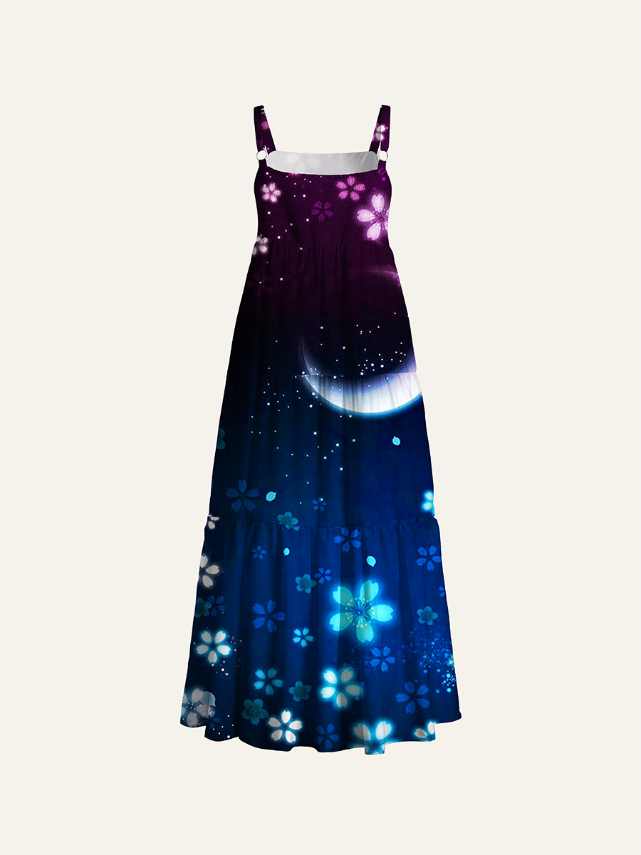 Glowing Neon Cherry Blossom Crescent Moon Adjustable Wide Straps Maxi Dress