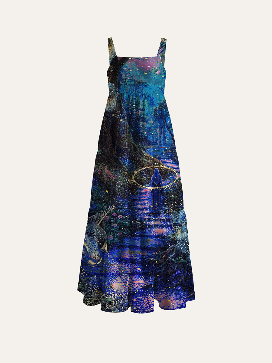 Stippled Magical Forest Wizard Fantasy Adjustable Wide Straps Maxi Dress