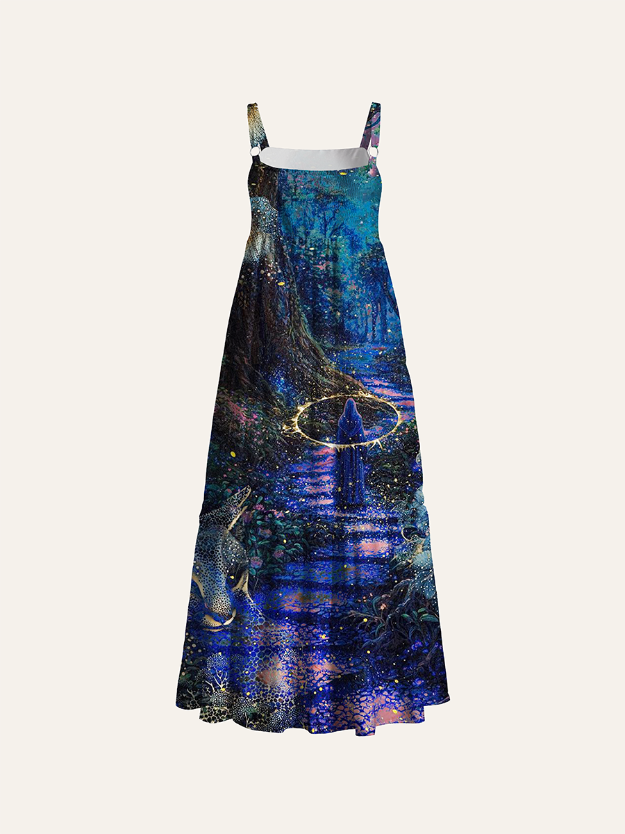 Stippled Magical Forest Wizard Fantasy Adjustable Wide Straps Maxi Dress