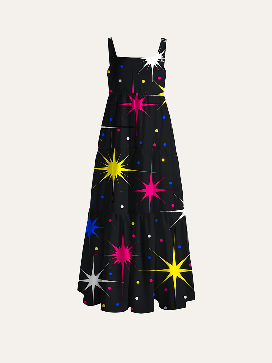 Retro Primary Color Star Burst Adjustable Wide Straps Maxi Dress