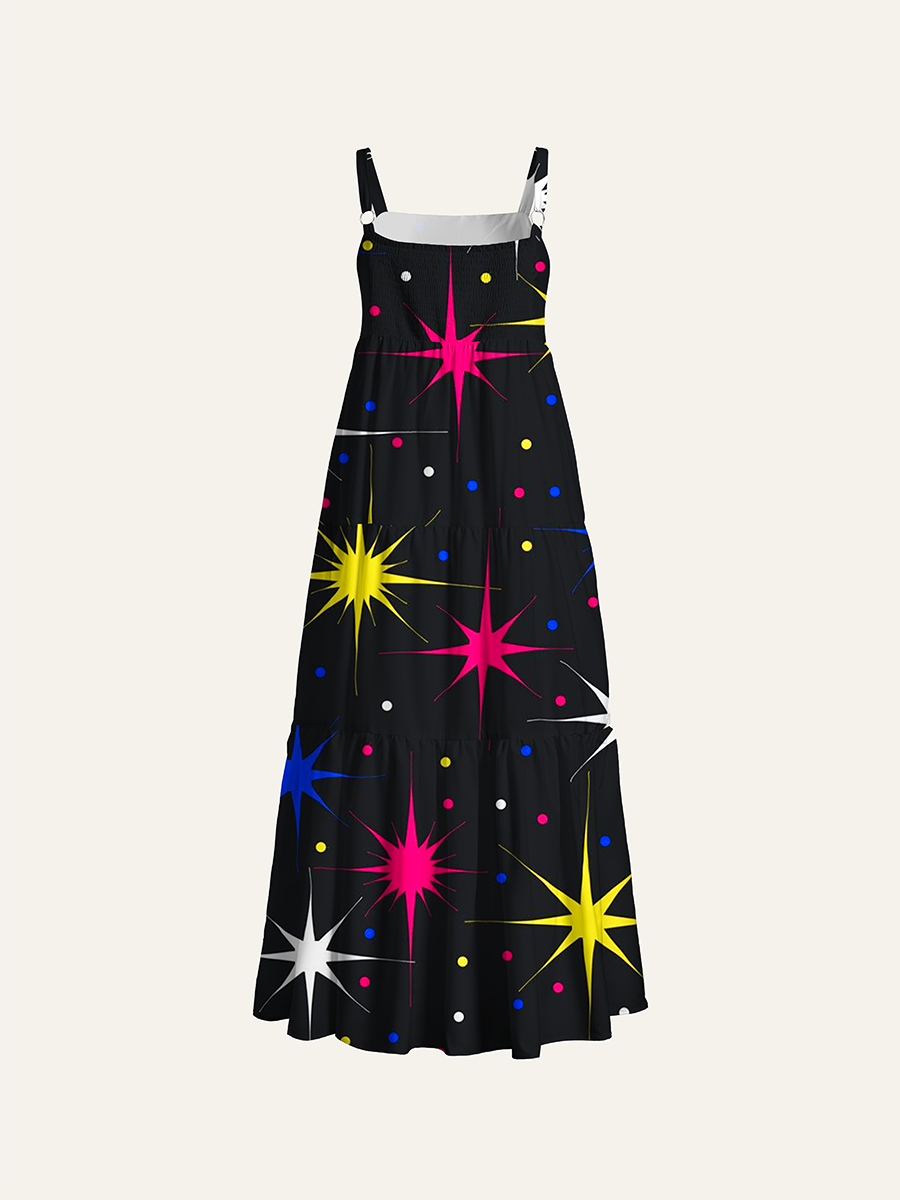 Retro Primary Color Star Burst Adjustable Wide Straps Maxi Dress