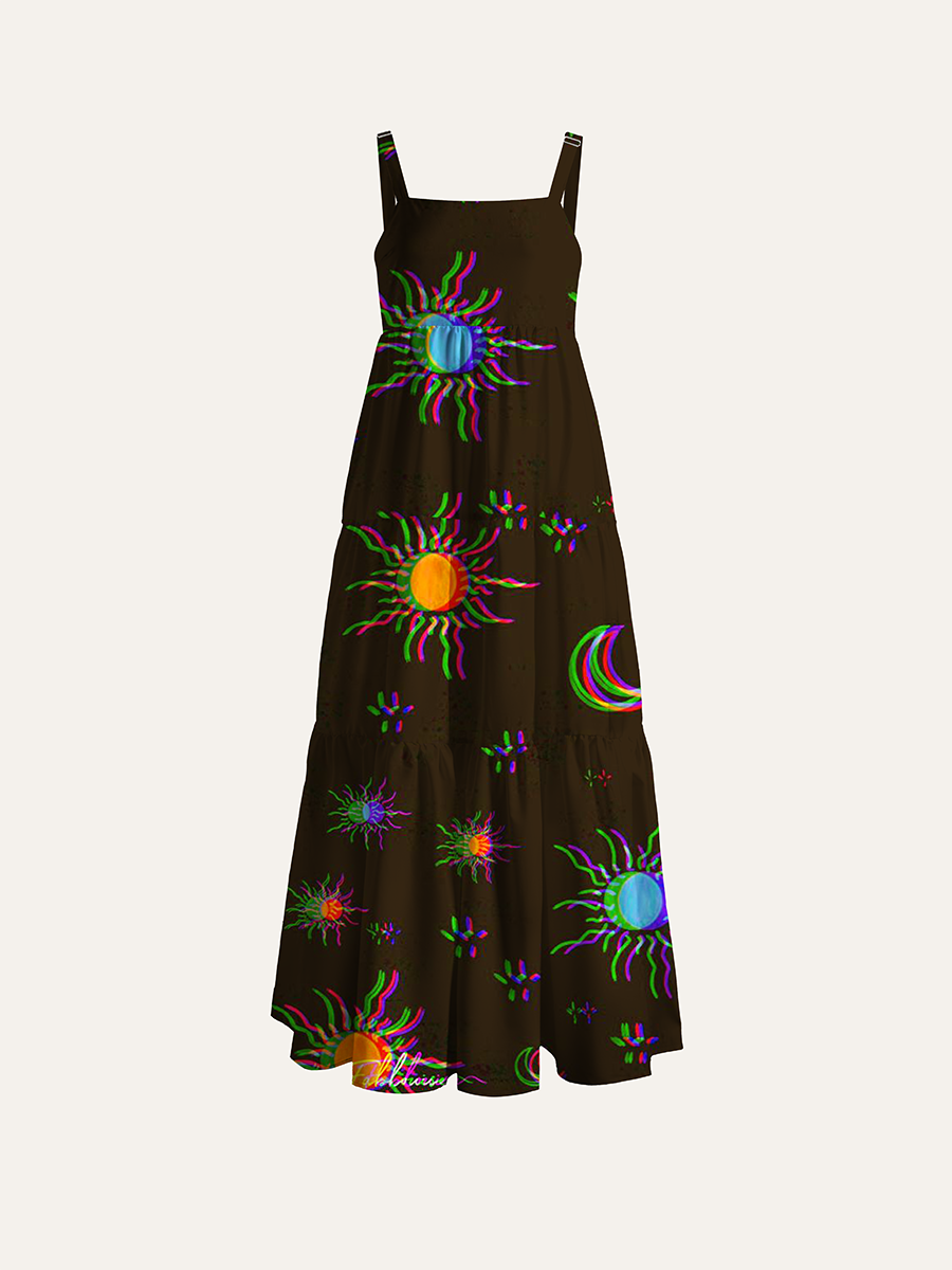 Glitch Neon Sun Moon Doodle Dark Adjustable Wide Straps Maxi Dress