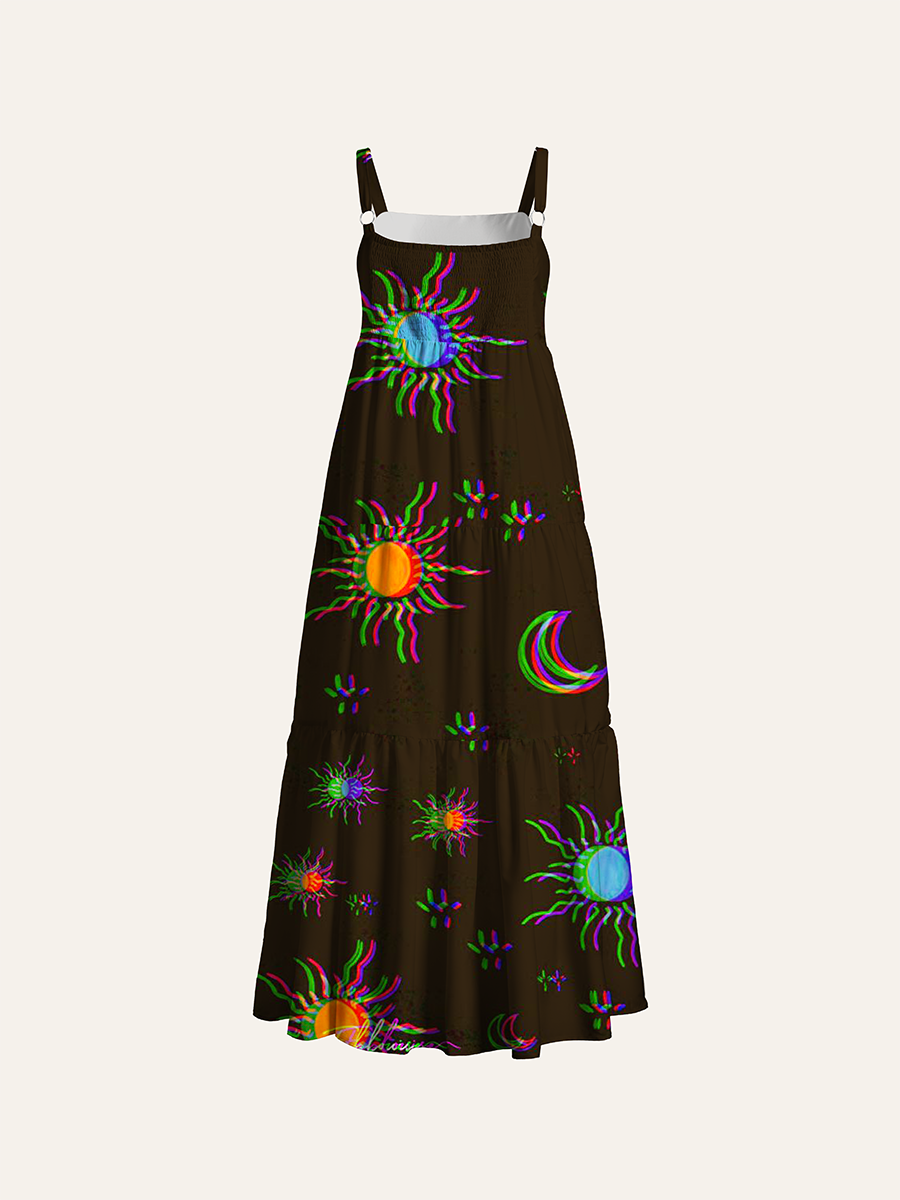 Glitch Neon Sun Moon Doodle Dark Adjustable Wide Straps Maxi Dress