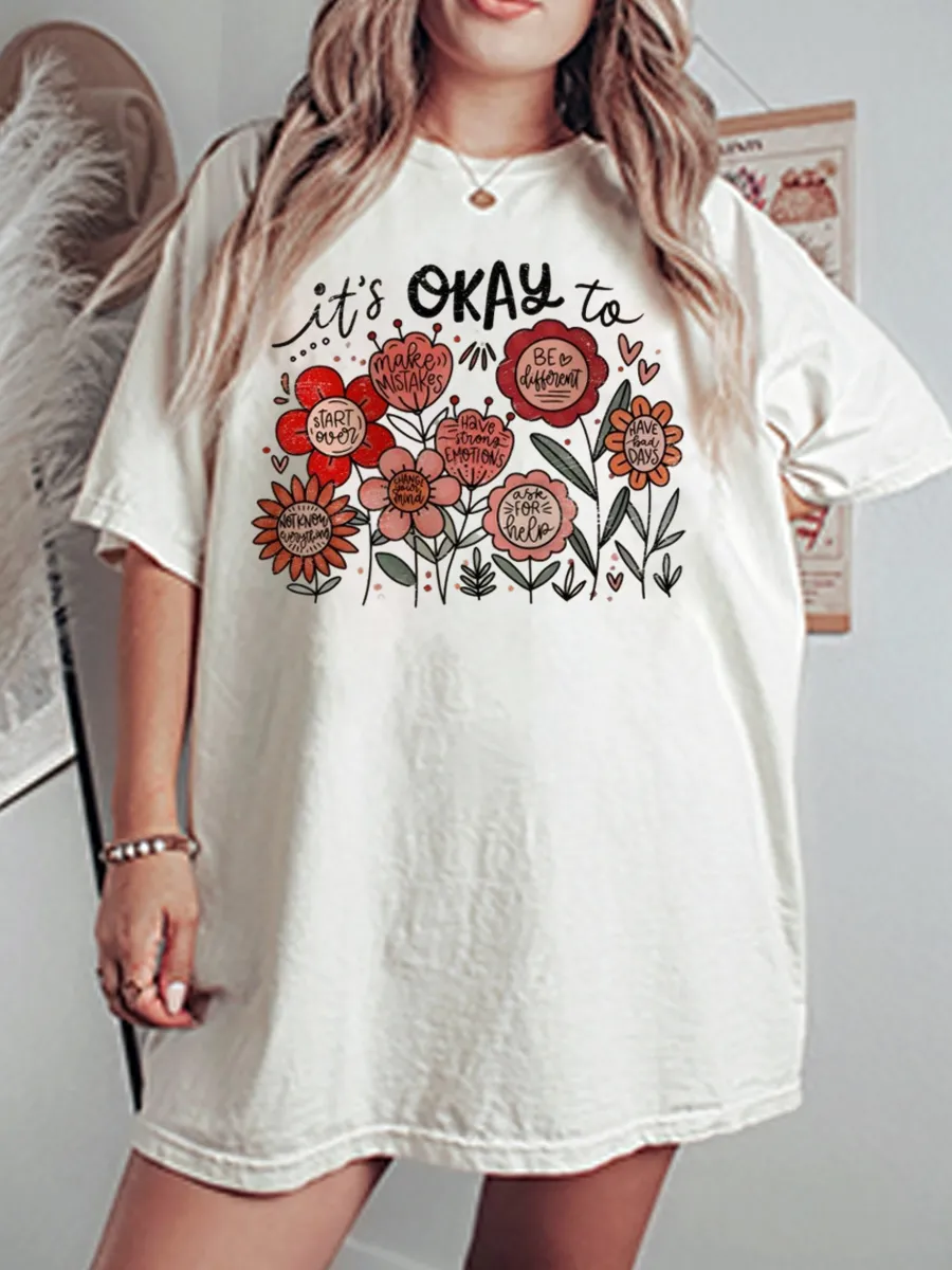 Vintage It'S Okay To Boho Floral Oversize Graphic Tee