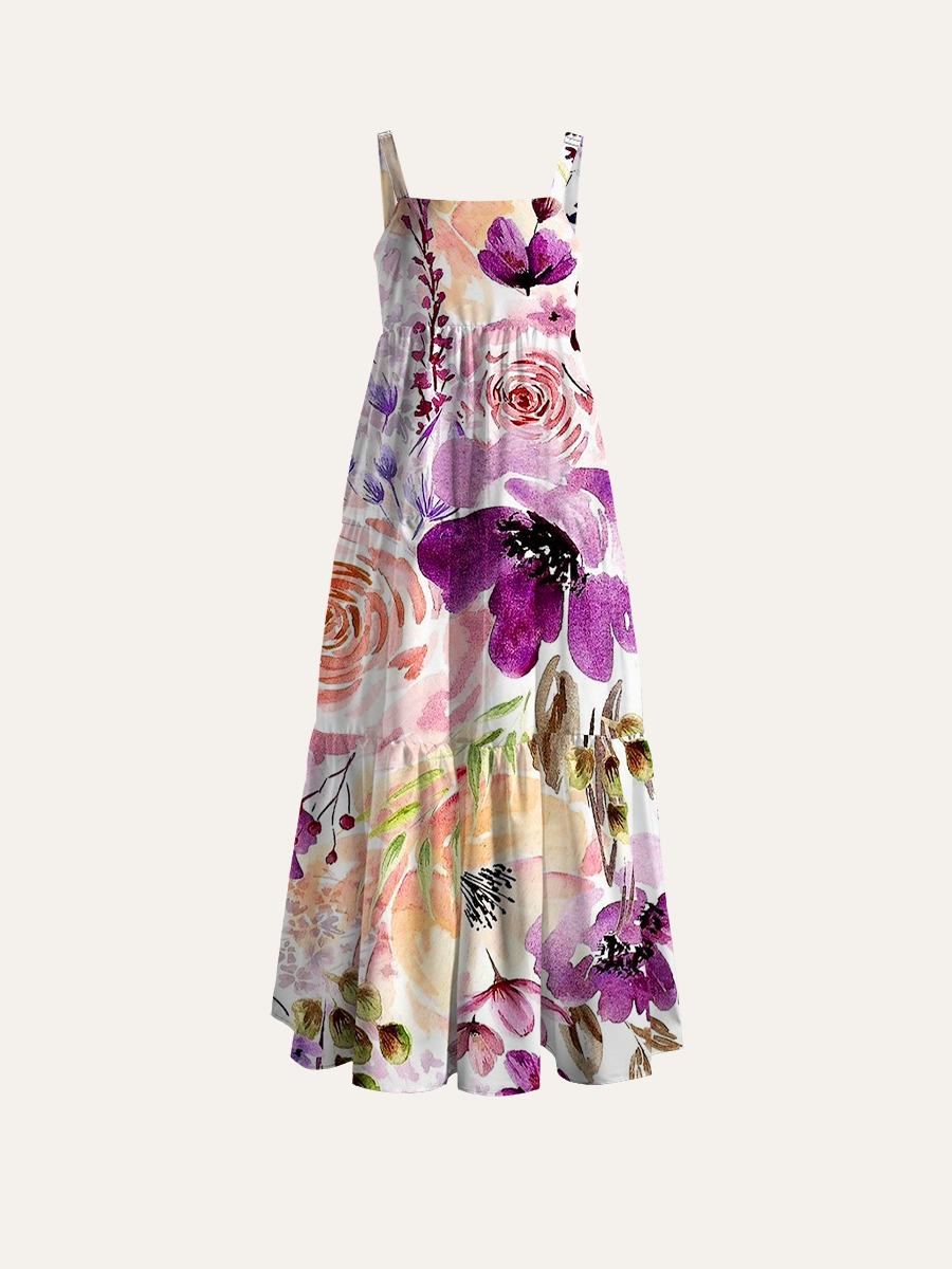 Boho Watercolor Wildflowers Adjustable Wide Straps Maxi Dress