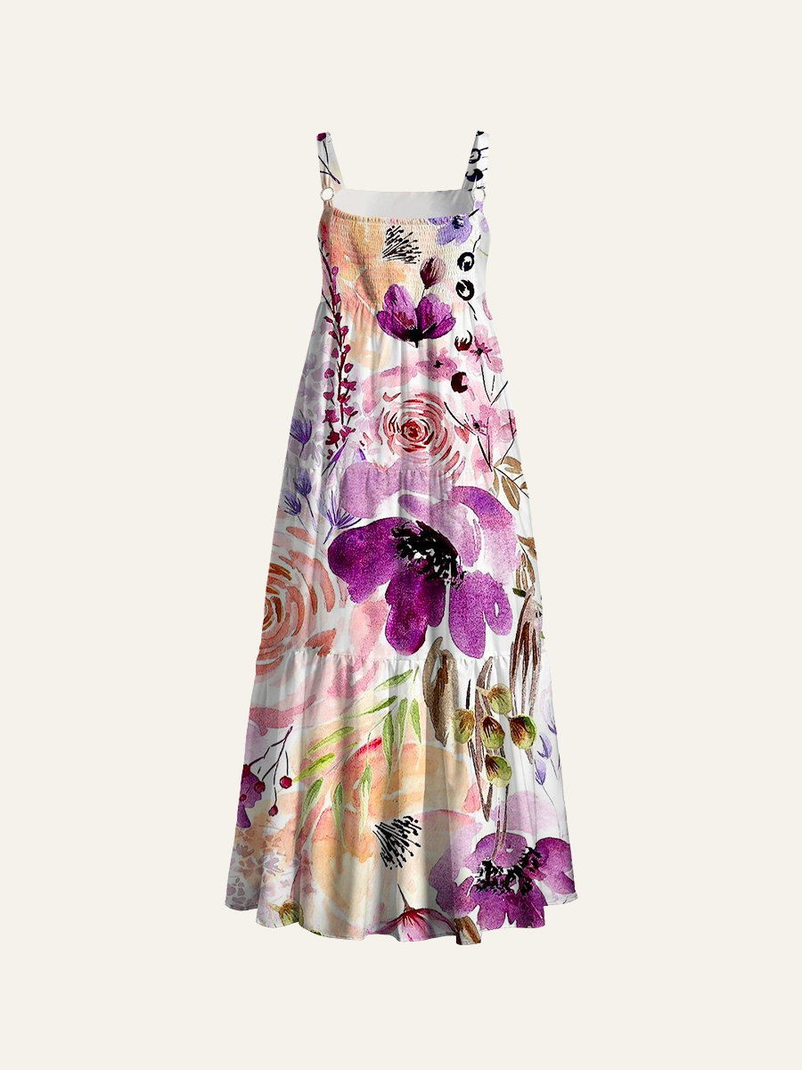 Boho Watercolor Wildflowers Adjustable Wide Straps Maxi Dress