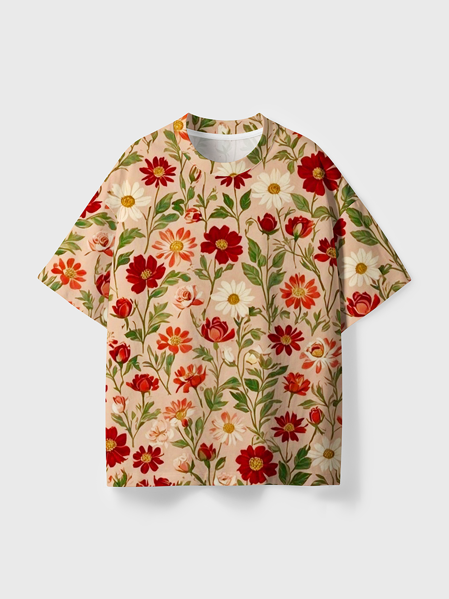 Vintage Blush Vintage Red Rose Daisy Botanical All Over Print T-Shirt