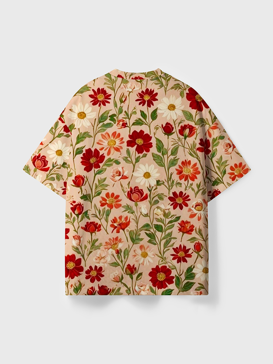 Vintage Blush Vintage Red Rose Daisy Botanical All Over Print T-Shirt
