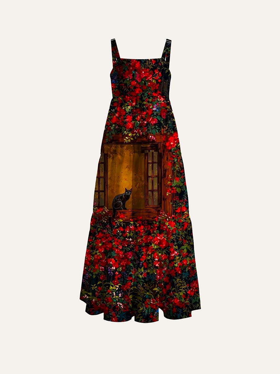 Vintage Oil Painting Red Bougainvillea Black Cat Adjustable Wide Straps Maxi Dress