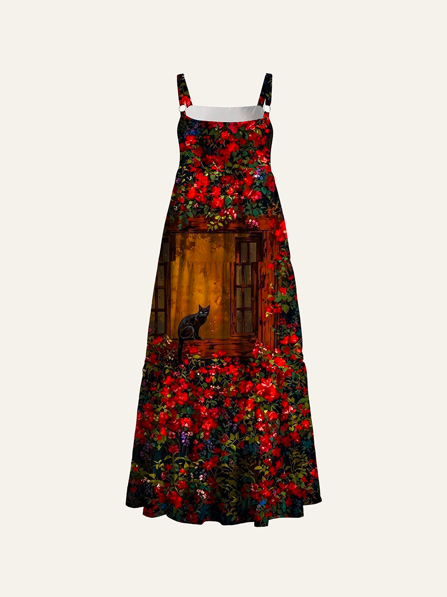 Vintage Oil Painting Red Bougainvillea Black Cat Adjustable Wide Straps Maxi Dress