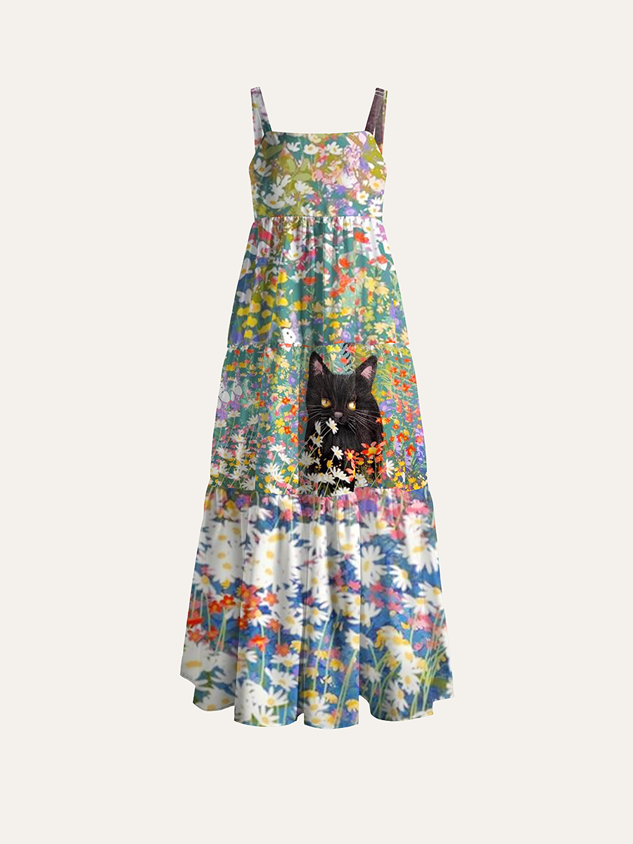 Watercolor Wild Daisy Meadow Black Cat Adjustable Wide Straps Maxi Dress
