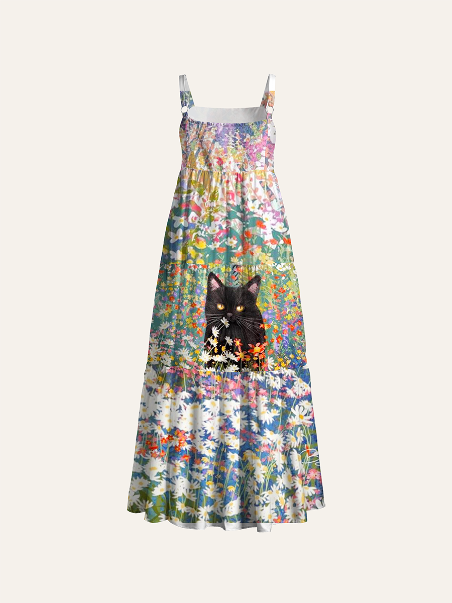 Watercolor Wild Daisy Meadow Black Cat Adjustable Wide Straps Maxi Dress
