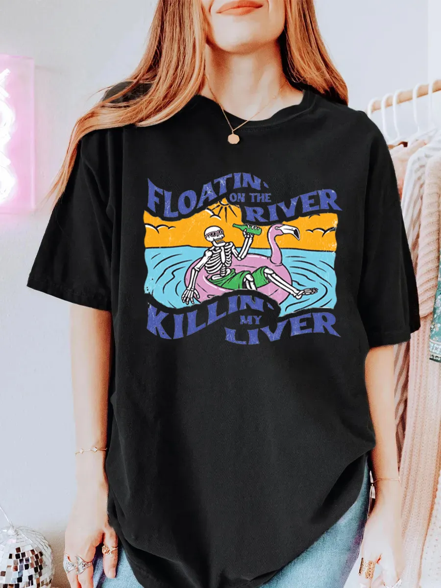 Vintage Floatin' On The River Killin' My Liver Oversize Graphic Tee
