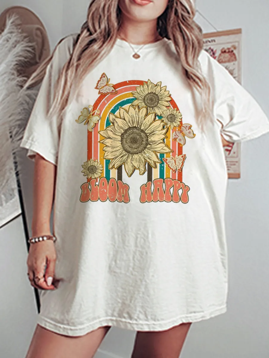 Vintage Bloom Happy Oversize Graphic Tee