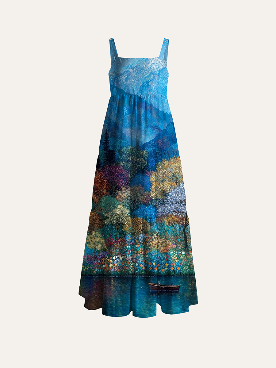 Stippled Full Moon Mountain Lake Autumn Forest Landscape Adjustable Wide Straps Maxi Dress