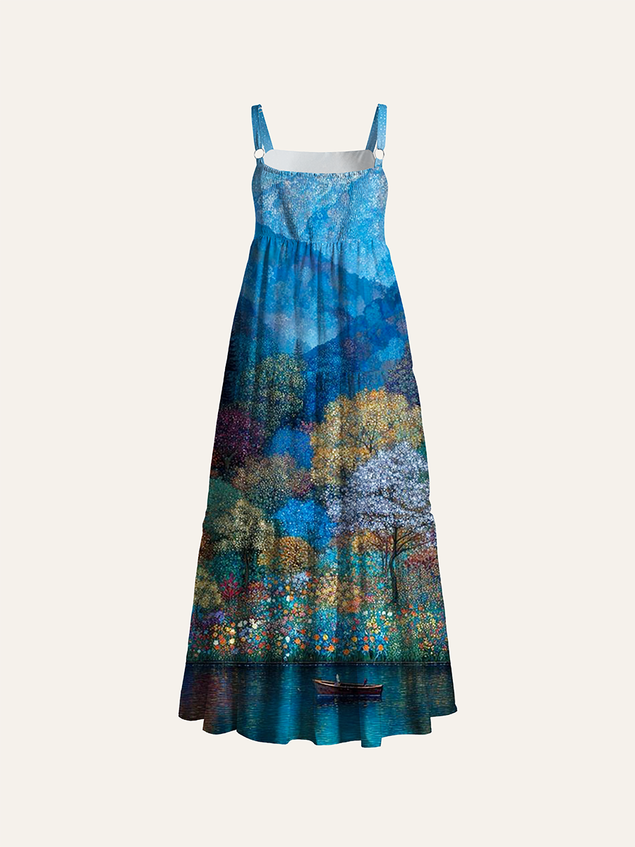 Stippled Full Moon Mountain Lake Autumn Forest Landscape Adjustable Wide Straps Maxi Dress