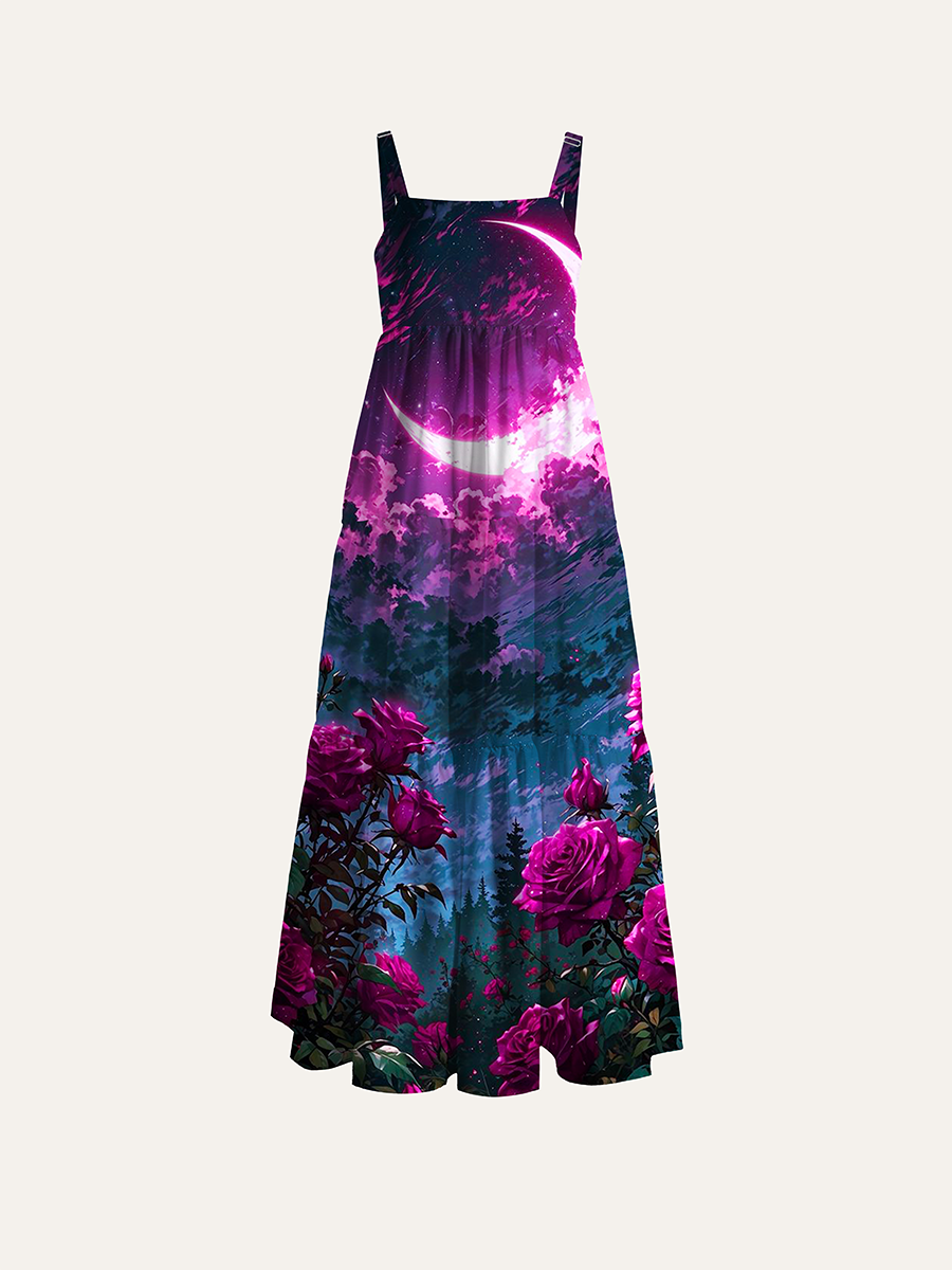 Anime Dark Magenta Rose Crescent Moon Galaxy Adjustable Wide Straps Maxi Dress
