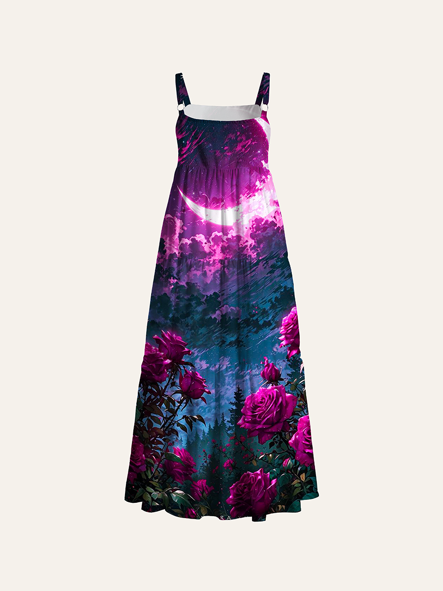 Anime Dark Magenta Rose Crescent Moon Galaxy Adjustable Wide Straps Maxi Dress