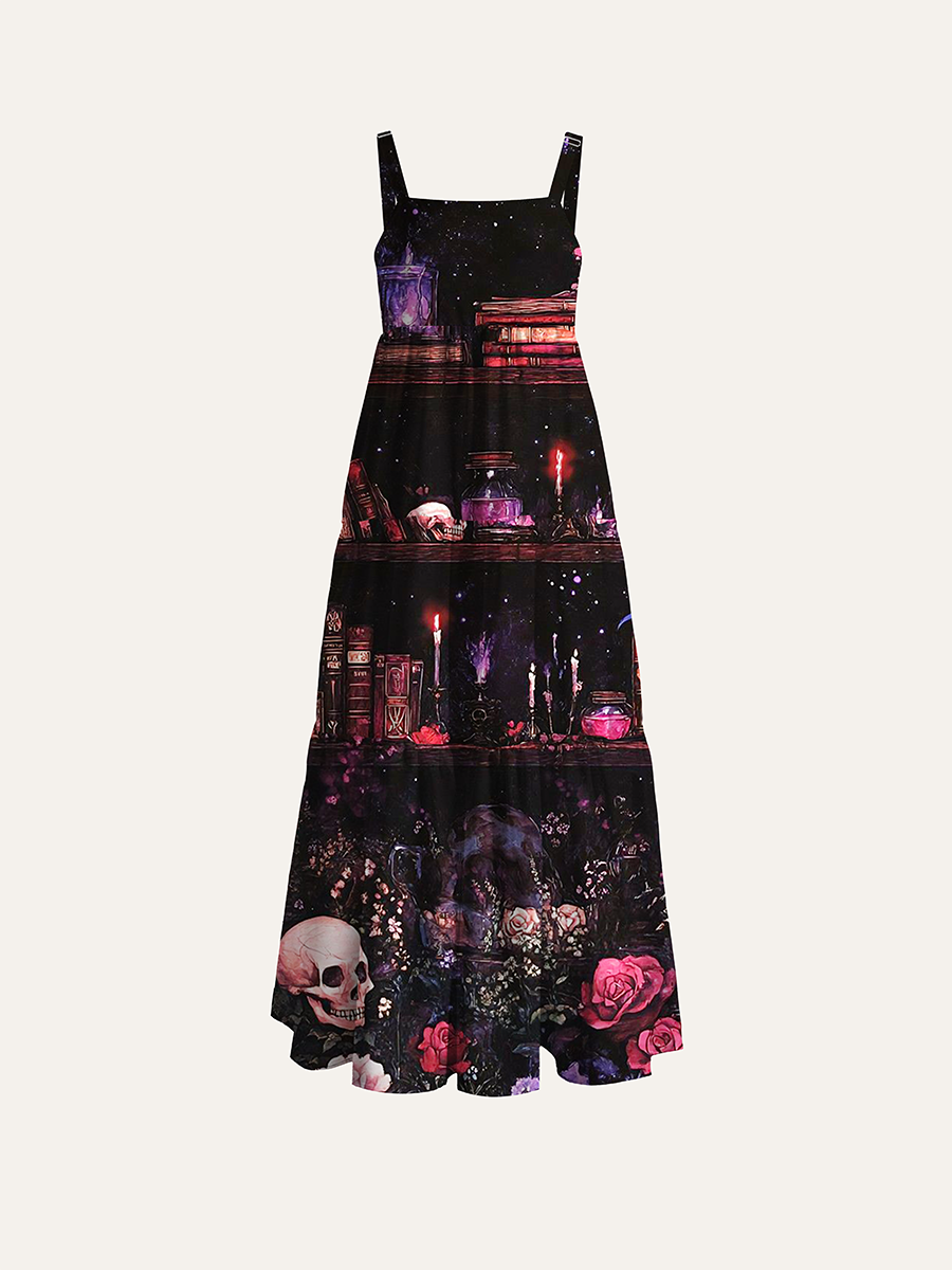 Dark Witchy Bookshelf Skull Rose Vintage Adjustable Wide Straps Maxi Dress
