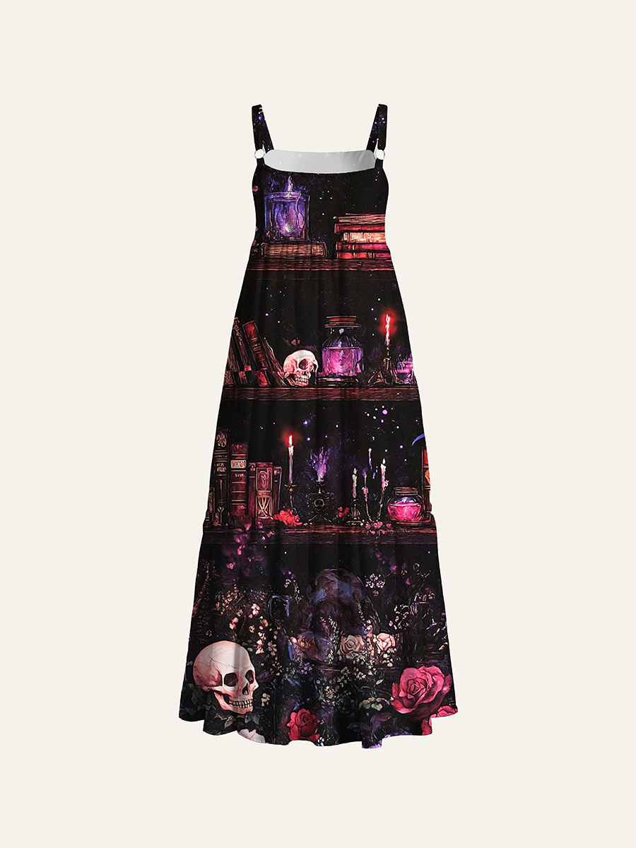 Dark Witchy Bookshelf Skull Rose Vintage Adjustable Wide Straps Maxi Dress