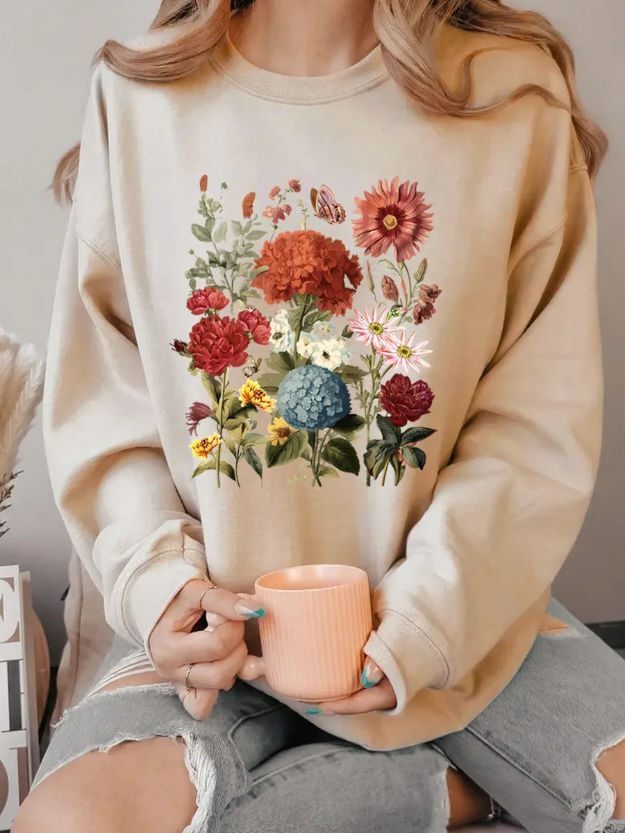 Vintage Pressed Flowers Oversize Graphic Sweatshirt