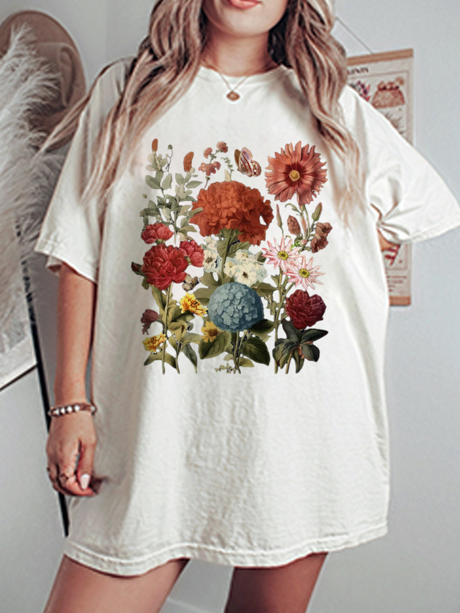 Vintage Pressed Flowers Oversize Graphic Tee