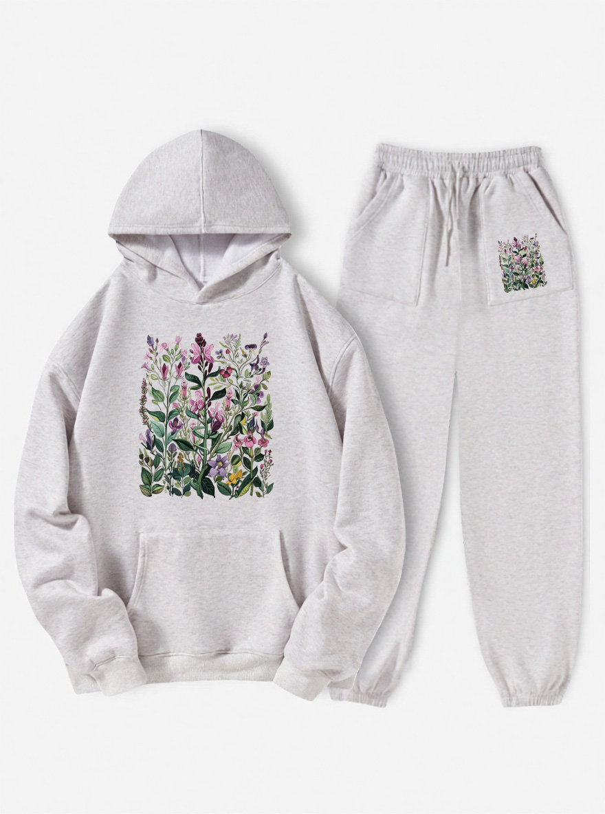 Vintage Pressed Flowers Fleece Hoodie Suit