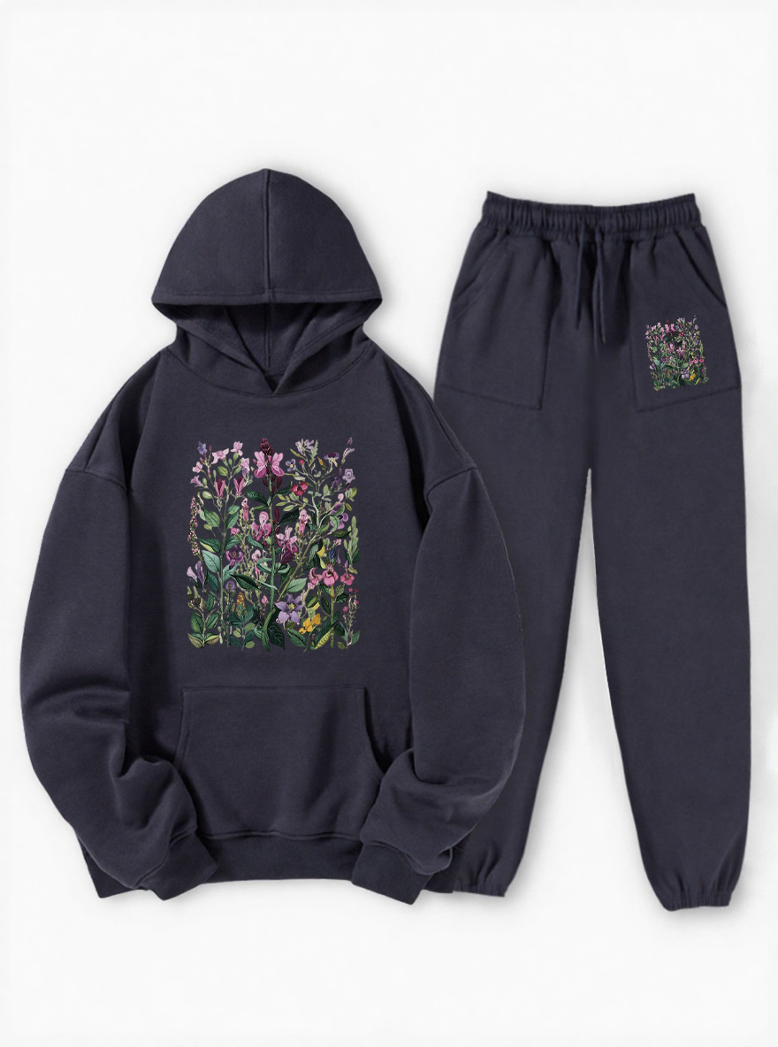 Vintage Pressed Flowers Fleece Hoodie Suit