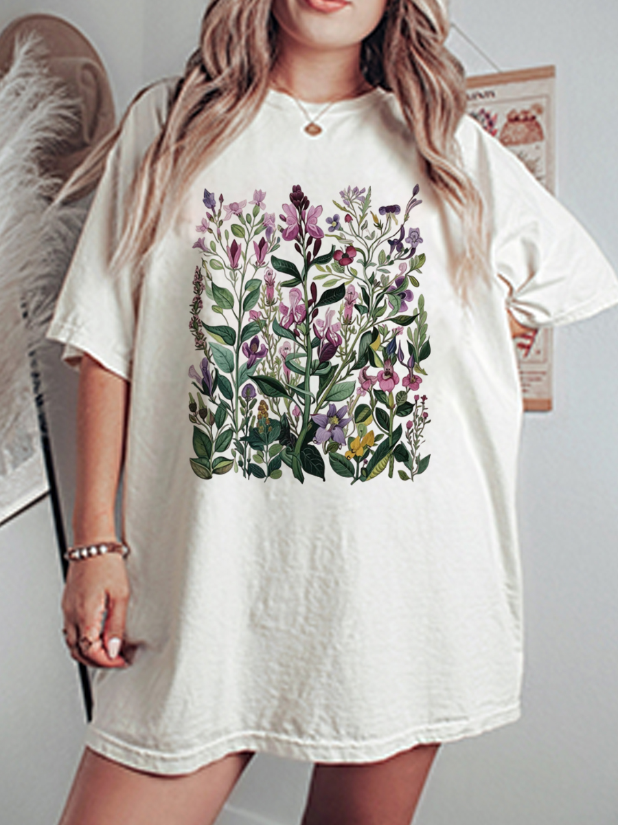 Vintage Pressed Flowers Oversize Graphic Tee