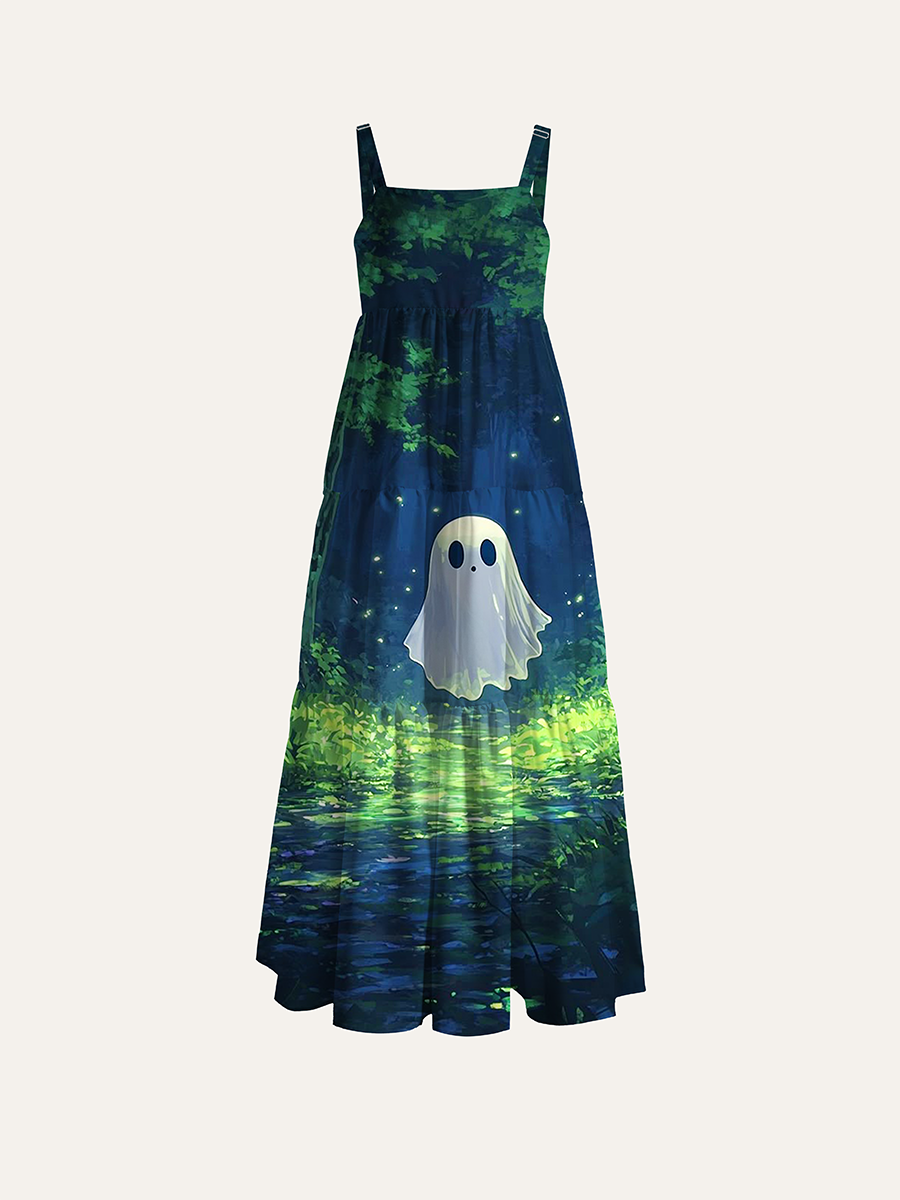 Cute Anime Ghost Glowing Forest Stream Adjustable Wide Straps Maxi Dress