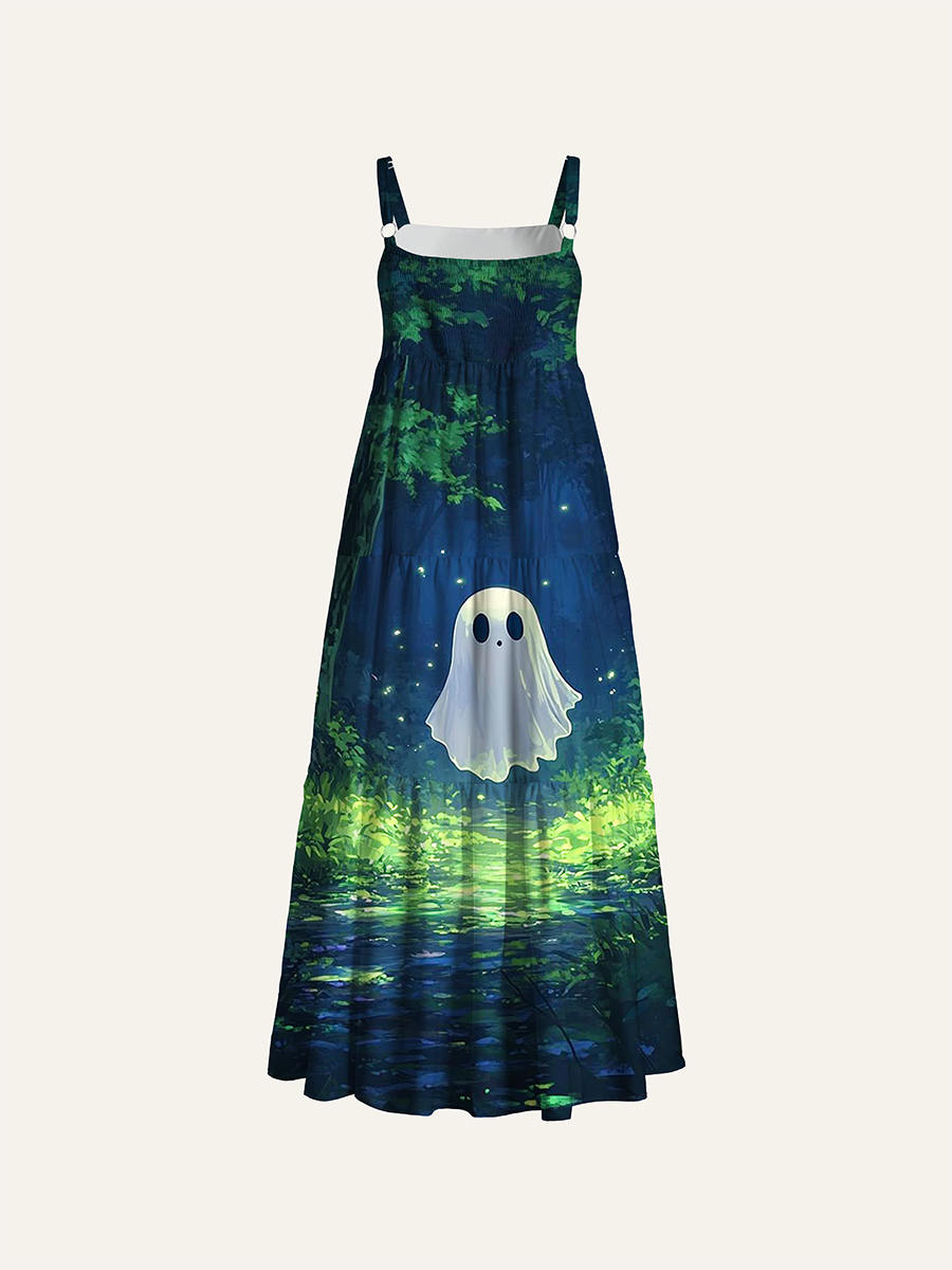 Cute Anime Ghost Glowing Forest Stream Adjustable Wide Straps Maxi Dress