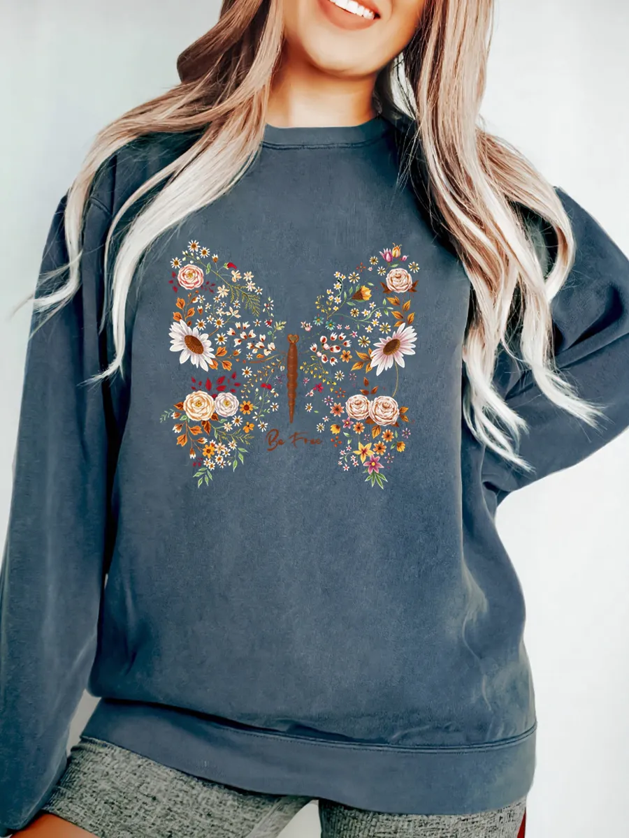 Vintage Butterfly Wildflower Oversize Graphic Sweatshirt