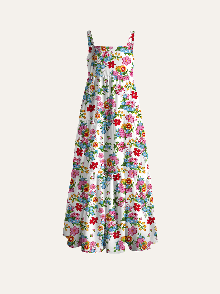 Vintage Mixed Tiny Floral Ditsy Adjustable Wide Straps Maxi Dress