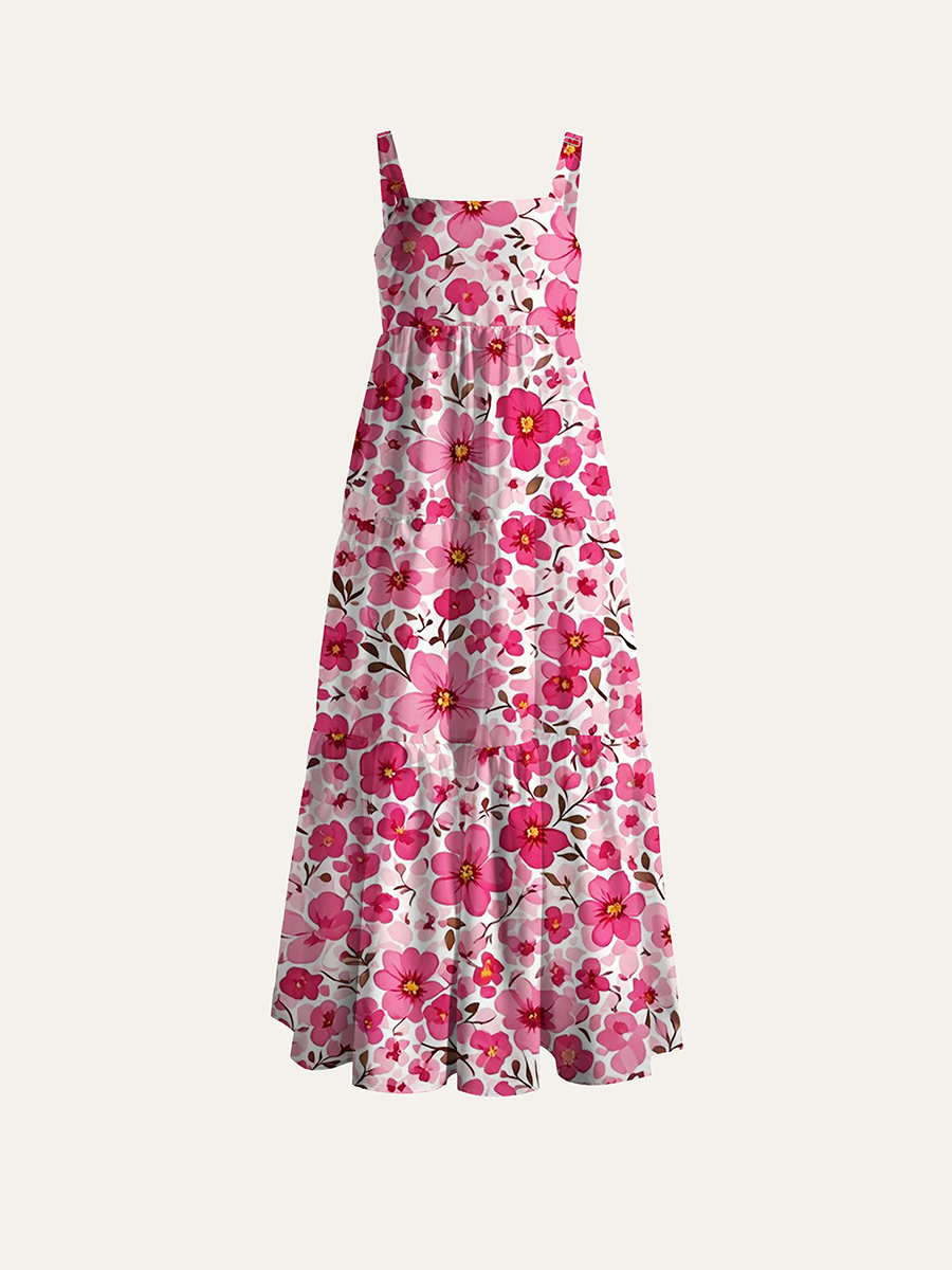 Watercolor Pink Floral Ditsy Adjustable Wide Straps Maxi Dress