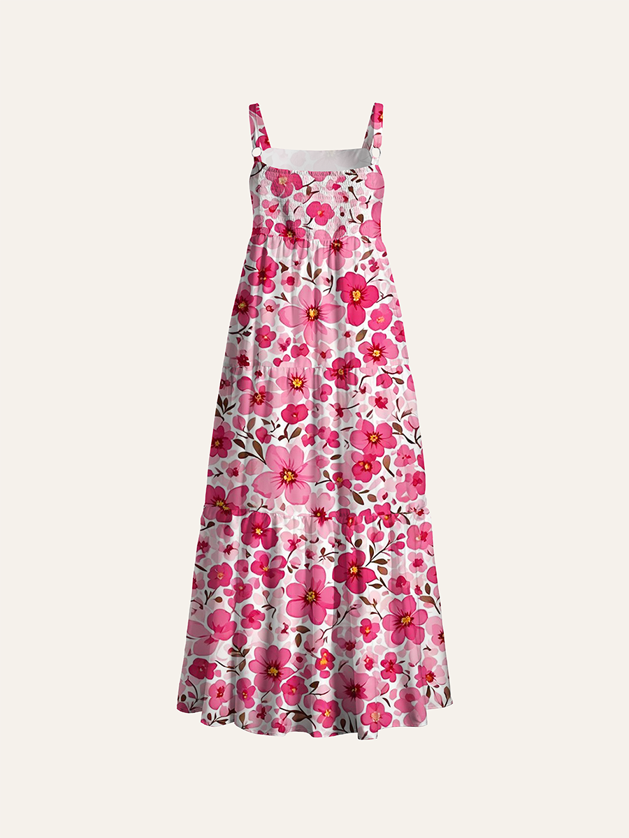 Watercolor Pink Floral Ditsy Adjustable Wide Straps Maxi Dress