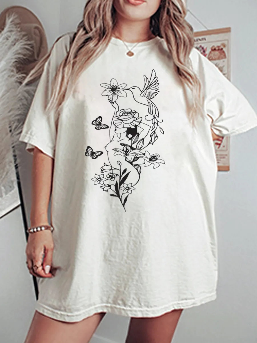 Vintage Nude Floral Oversize Graphic Tee