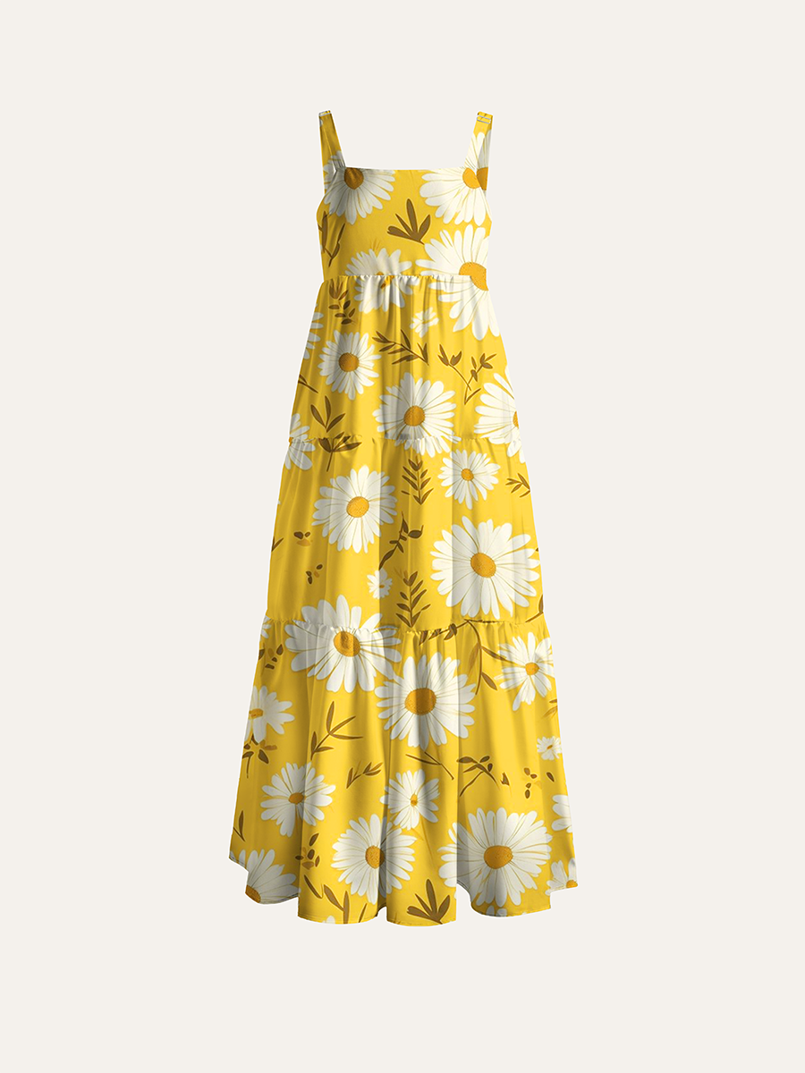 Boho Minimal Daisy Adjustable Wide Straps Maxi Dress