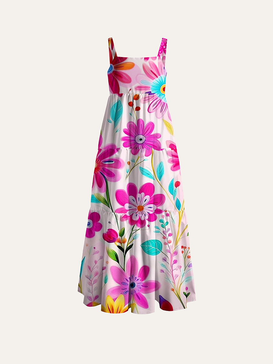 Bright Folk Floral Art Doodle Adjustable Wide Straps Maxi Dress