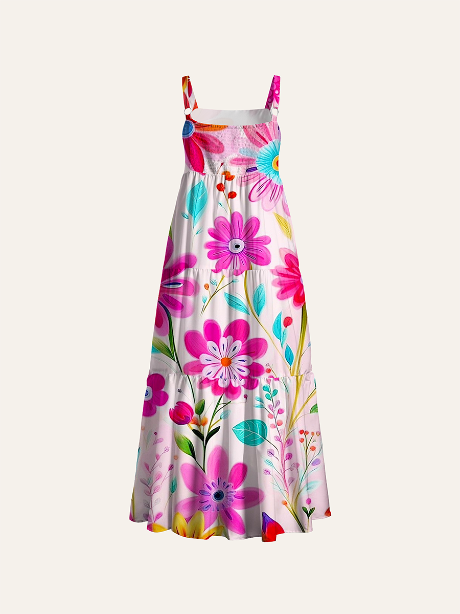 Bright Folk Floral Art Doodle Adjustable Wide Straps Maxi Dress
