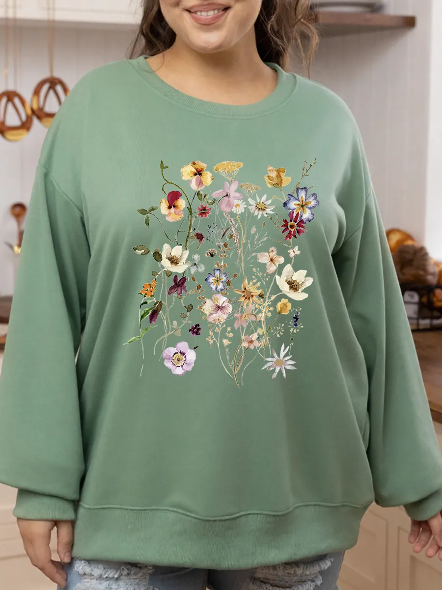 Vintage Clover Meadow Pressed Flower Oversize Graphic Sweatshirt