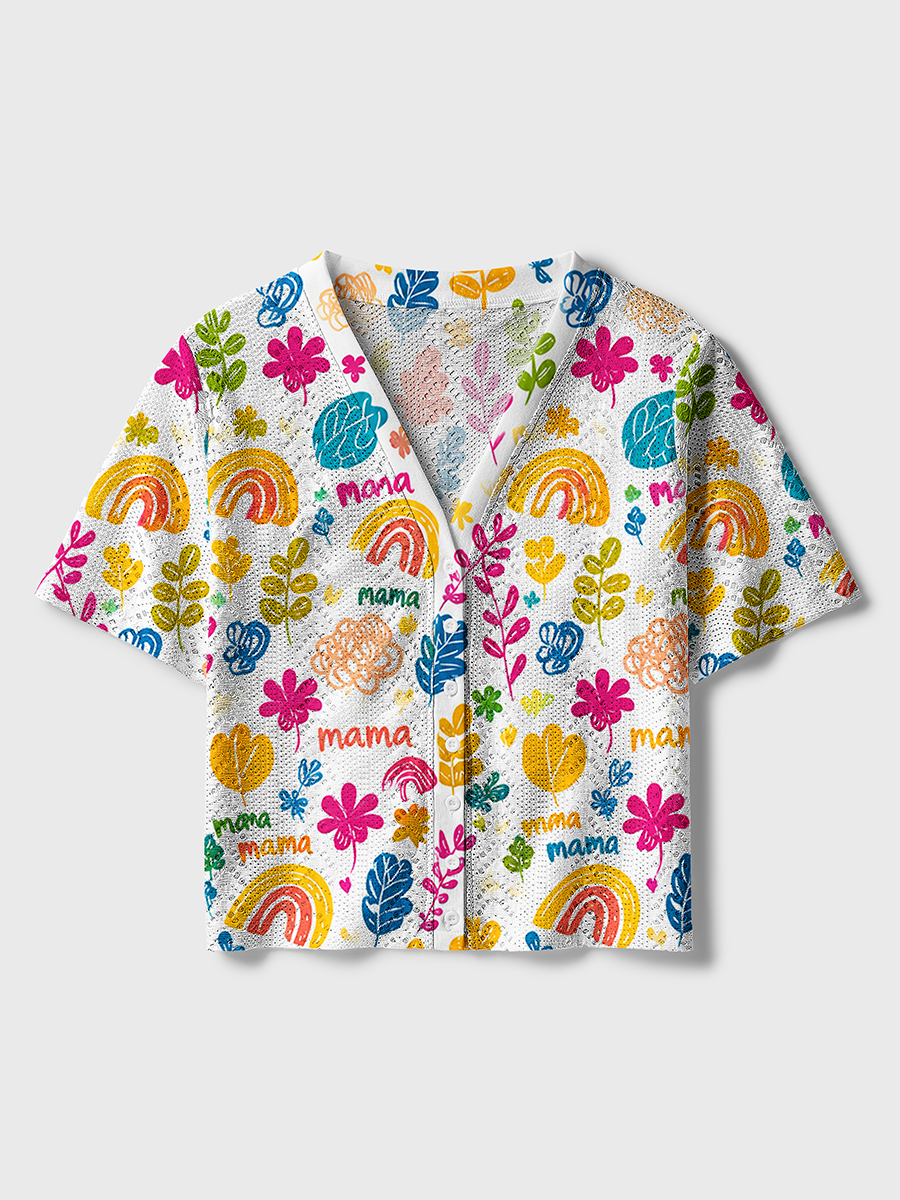 Rainbow Leaf Mama Mother's Day Crochet Button Down Cardigan