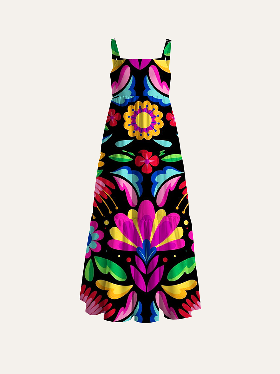 Pastel Pink Dinosaur Wildflower Kids Adjustable Wide Straps Maxi Dress