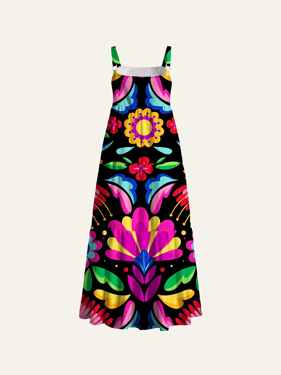 Pastel Pink Dinosaur Wildflower Kids Adjustable Wide Straps Maxi Dress