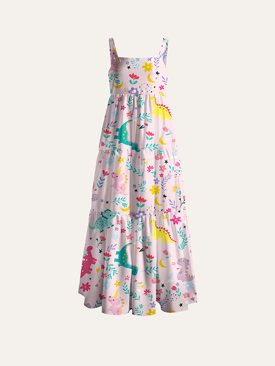 Vintage Pastel Pink Dinosaur Wildflower Kids Adjustable Wide Straps Maxi Dress
