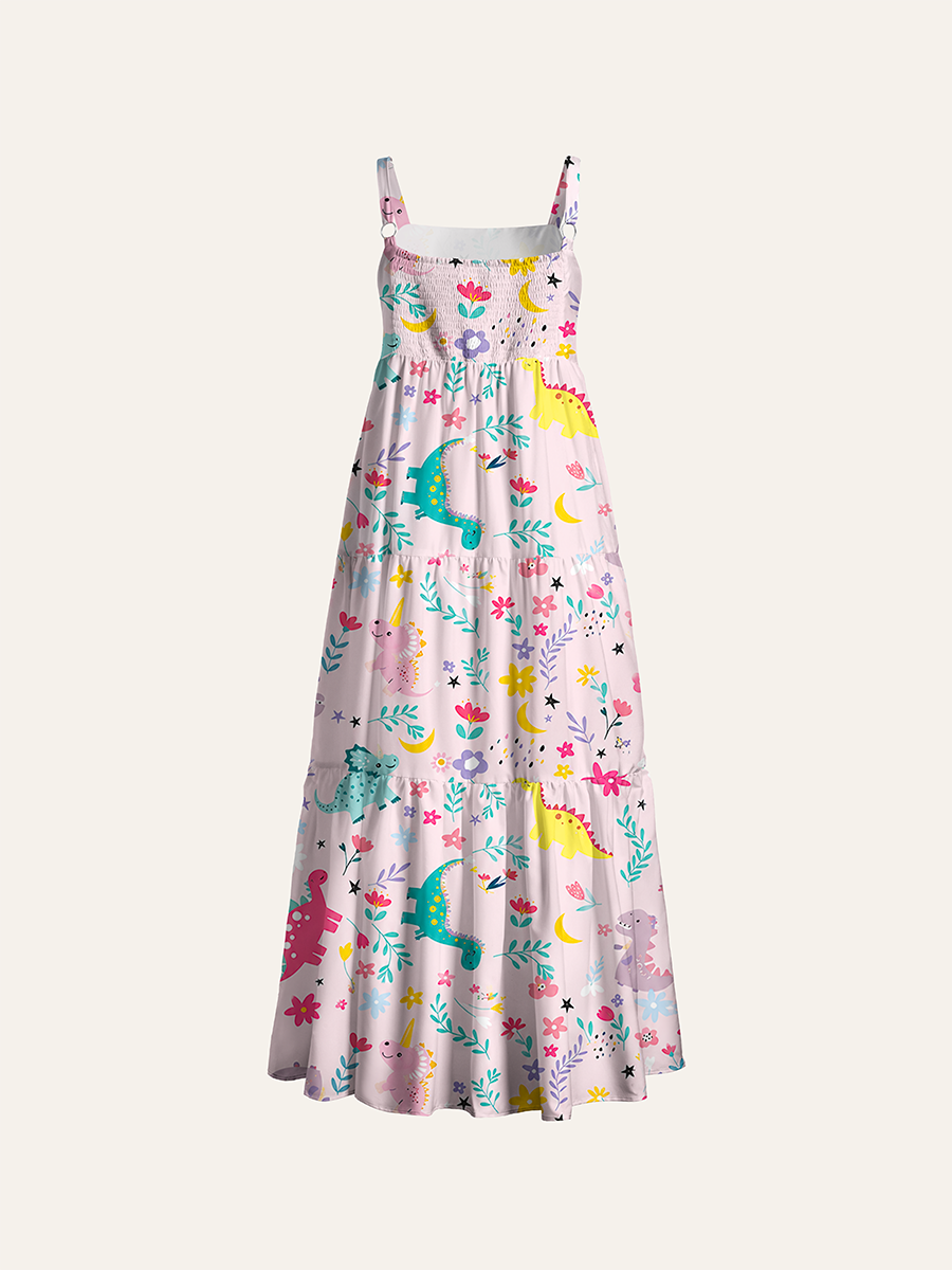 Vintage Pastel Pink Dinosaur Wildflower Kids Adjustable Wide Straps Maxi Dress