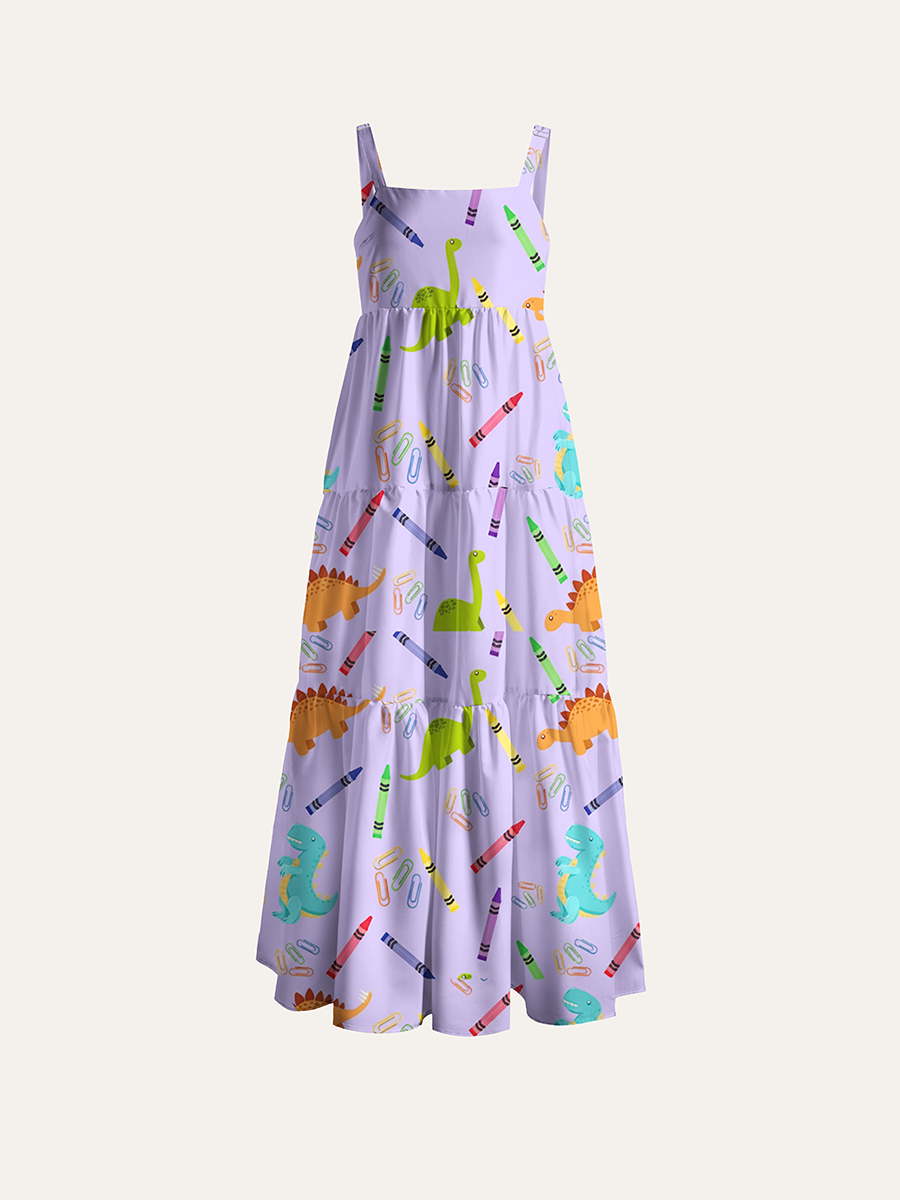 Back To School Dinosaur Crayon Adjustable Wide Straps Maxi Dress