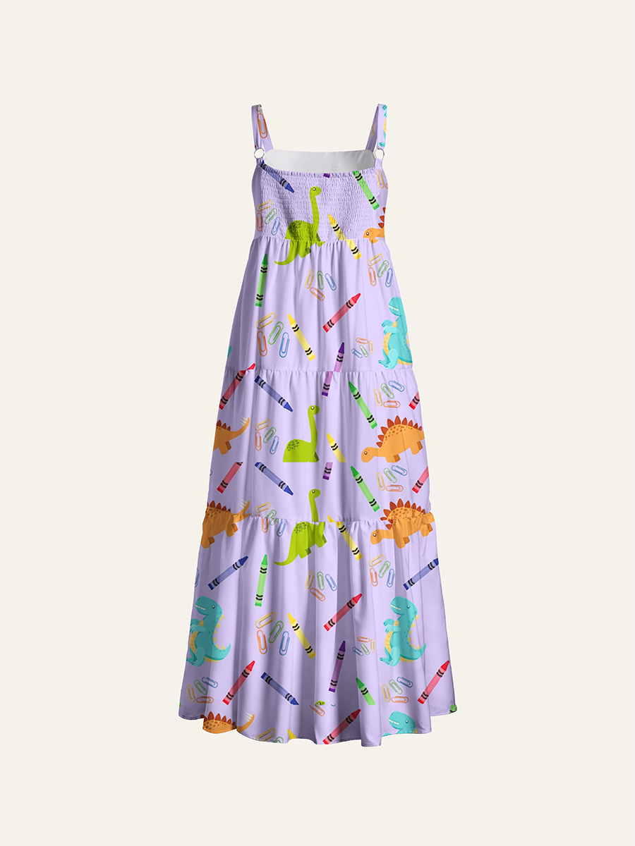 Back To School Dinosaur Crayon Adjustable Wide Straps Maxi Dress