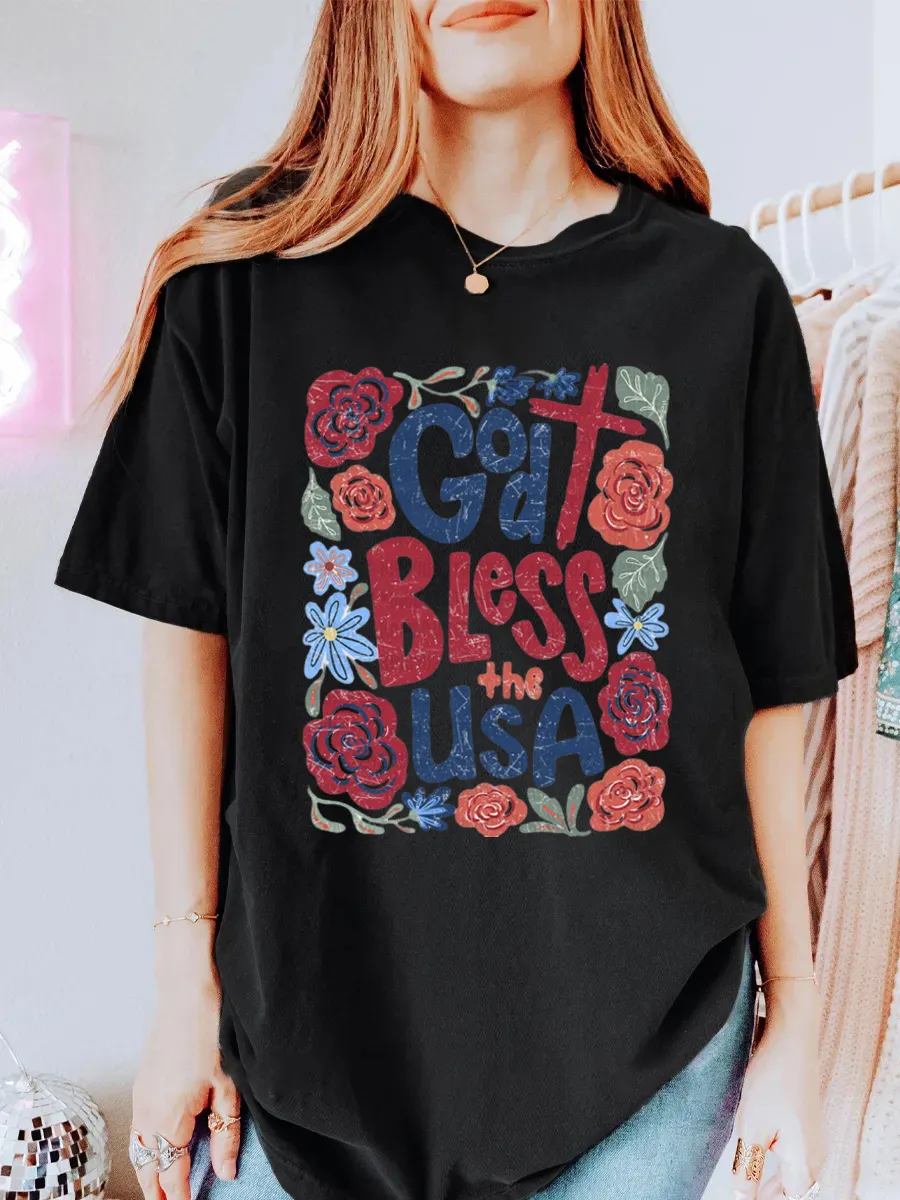 Vintage God Bless The USA Flowers Oversize Graphic Tee